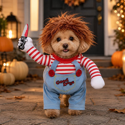 Ortekor Scary Doll Dog Halloween Costume with Wig & Toy Knife – 3-Piece Walking Illusion Set for Trick-or-Treating & Parties