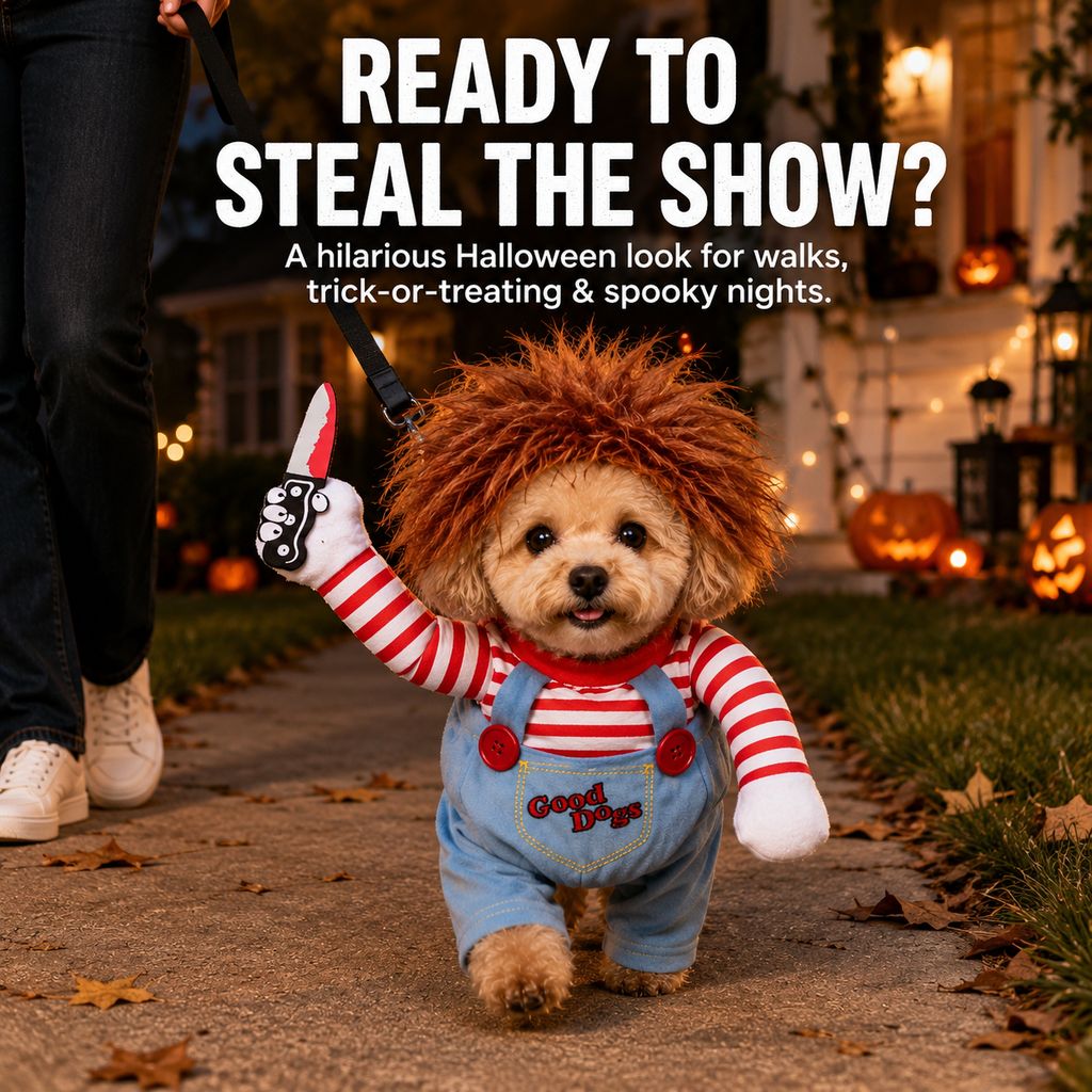 Ortekor Scary Doll Dog Halloween Costume with Wig & Toy Knife – 3-Piece Walking Illusion Set for Trick-or-Treating & Parties