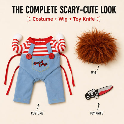 Ortekor Scary Doll Dog Halloween Costume with Wig & Toy Knife – 3-Piece Walking Illusion Set for Trick-or-Treating & Parties