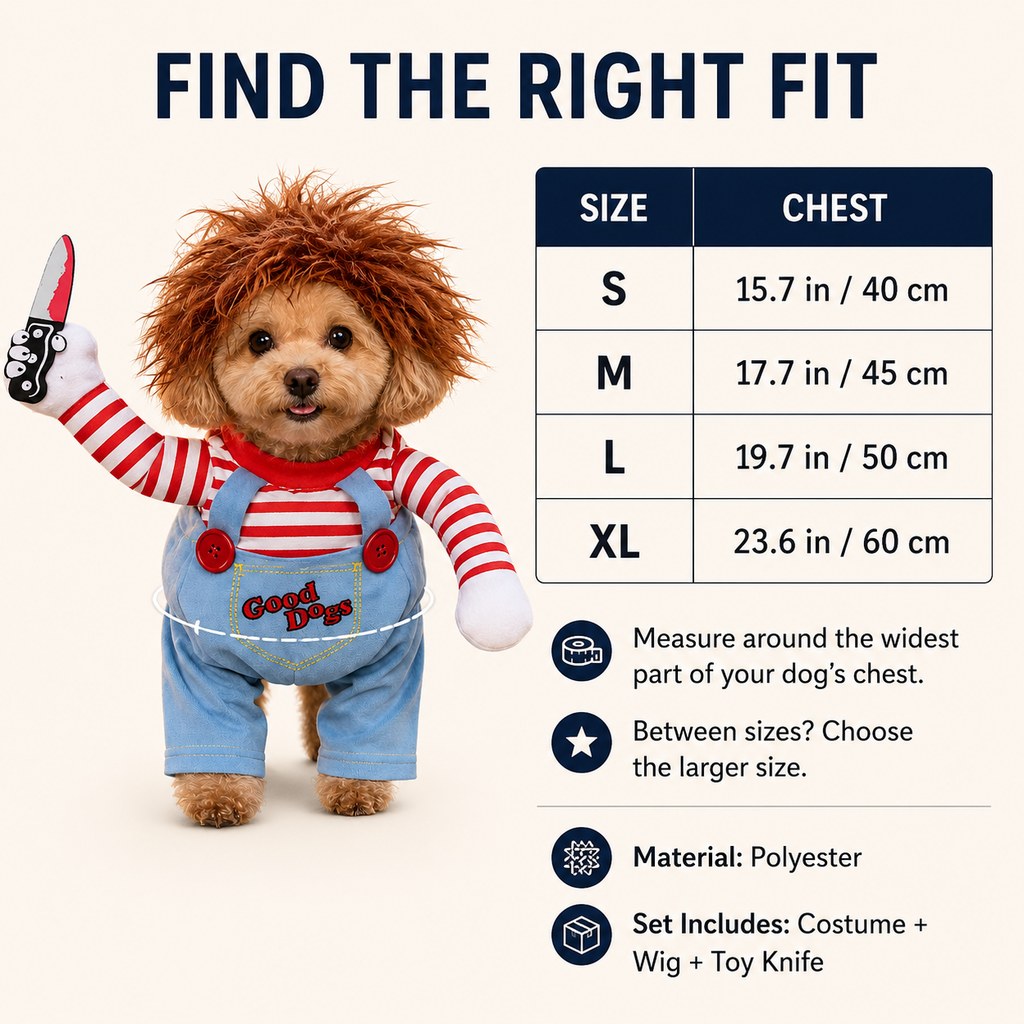 Ortekor Scary Doll Dog Halloween Costume with Wig & Toy Knife – 3-Piece Walking Illusion Set for Trick-or-Treating & Parties