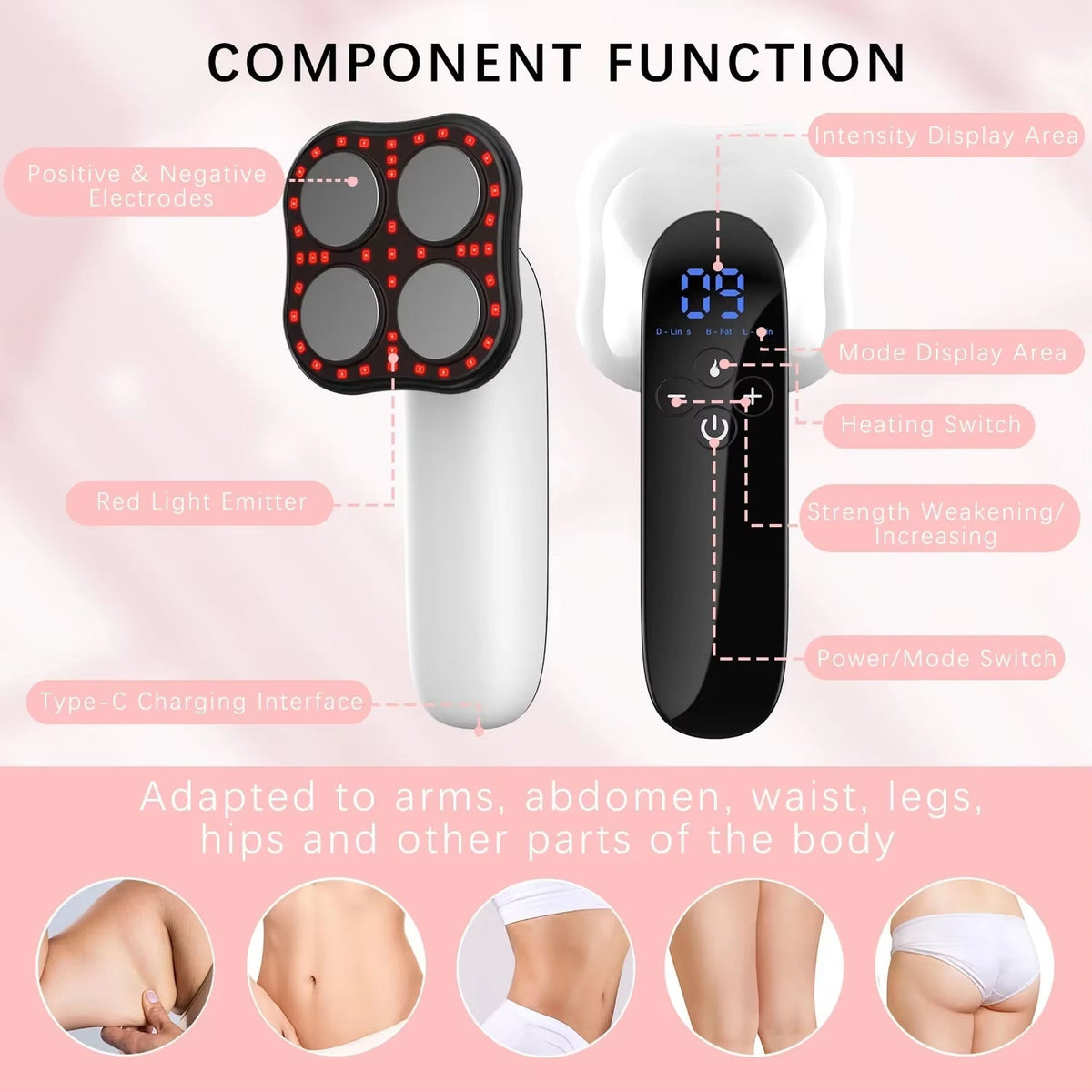 Cordless Body Contouring Device with EMS RF Red Light Heat Therapy 40 Intensity Levels Rechargeable Handheld Massager for Smooth Firm Skin