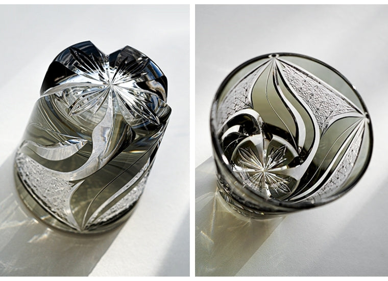 Japanese Cut Crystal Whisky Tumbler with Flame-Carved Pattern & Presentation Box for Spirits
