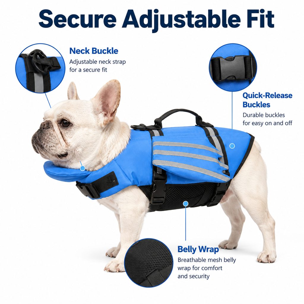Ortekor French Bulldog Pool & Beach Reflective Angel-Wing Dog Life Jacket - Chin Float Support for Flat-Faced Dogs