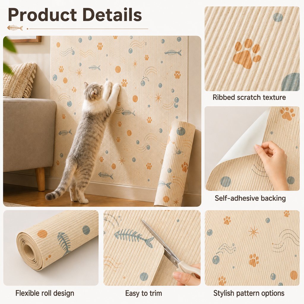 Ortekor Self-Adhesive Cat Scratch Mat for Wall & Furniture Protection – Cuttable Cat Scratching Pad for Sofa, Door, Bedside & Home Surfaces
