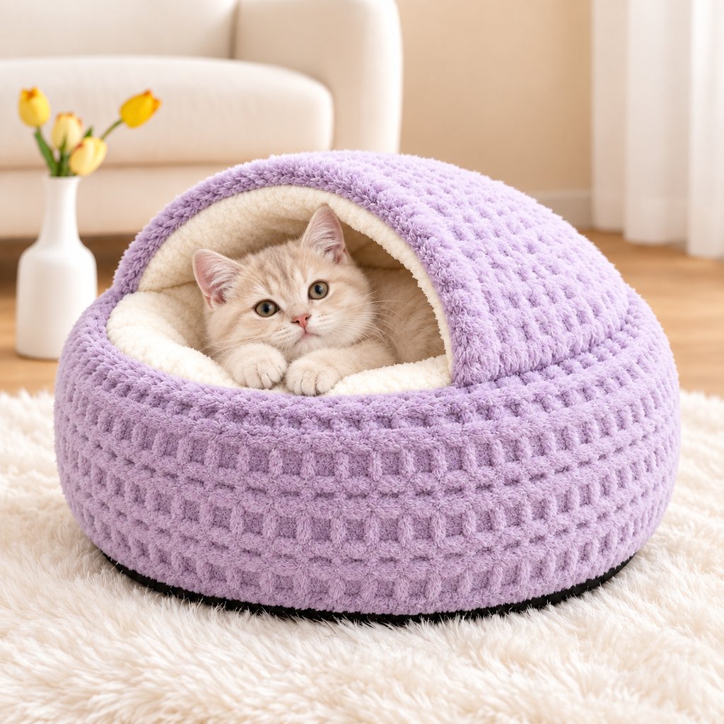 Ortekor Calming Semi-Enclosed Cat Bed for Cozy Sleep, Soft Warm Cave Bed for Indoor Cats & Small Pets