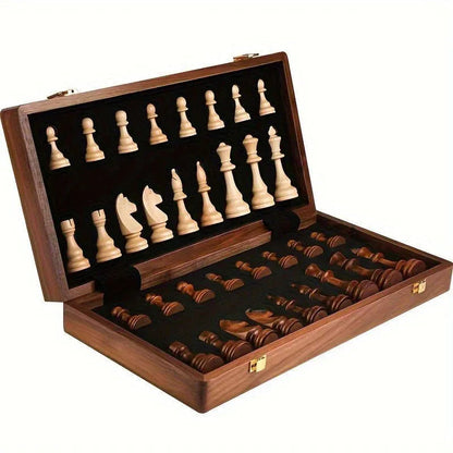 Folding Solid Wood Chess Set with Handcrafted Pieces for Classic Board Game Strategy