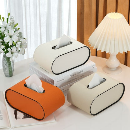 Faux Leather Tissue Dispenser Oval 9 × 5 × 4 Inches Desktop Organizer Napkin Caddy Home Office Bedroom Bathroom Tabletop Storage Accessories