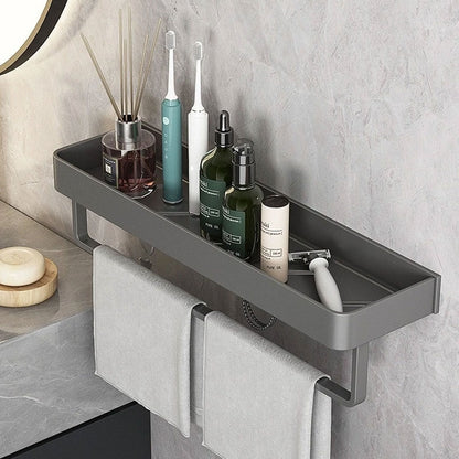 Adhesive Shower Caddy Organizer Gray Aluminum Wall Mount Storage Rack with Towel Bar 12 Inch Floating Shelf for Bathroom Toiletries Soap Sha