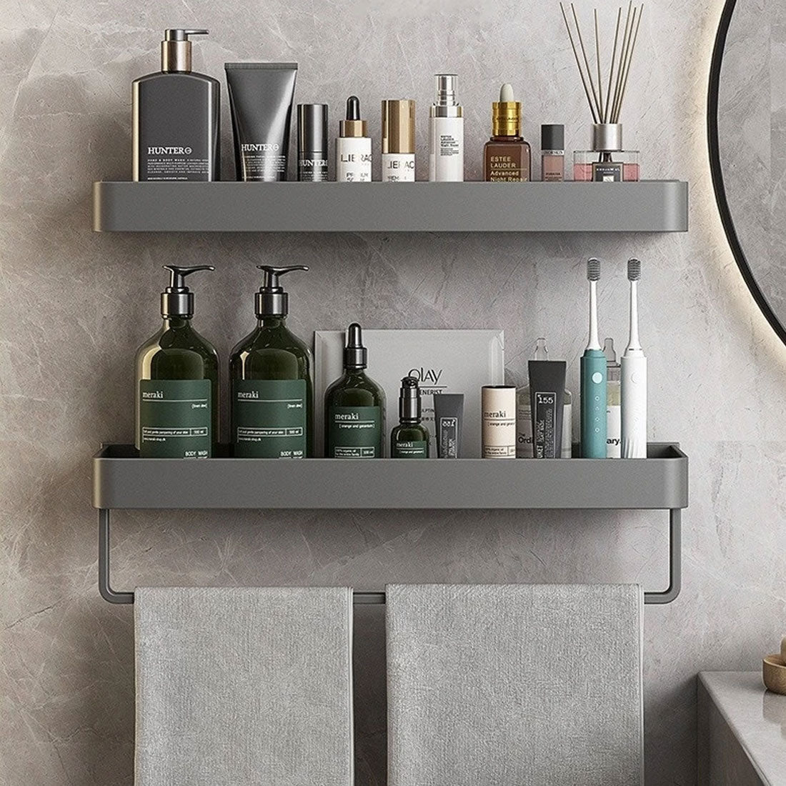 Adhesive Shower Caddy Organizer Gray Aluminum Wall Mount Storage Rack with Towel Bar 12 Inch Floating Shelf for Bathroom Toiletries Soap Sha