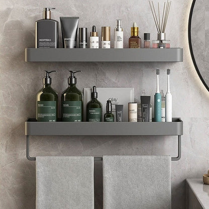 Adhesive Shower Caddy Organizer Gray Aluminum Wall Mount Storage Rack with Towel Bar 12 Inch Floating Shelf for Bathroom Toiletries Soap Sha