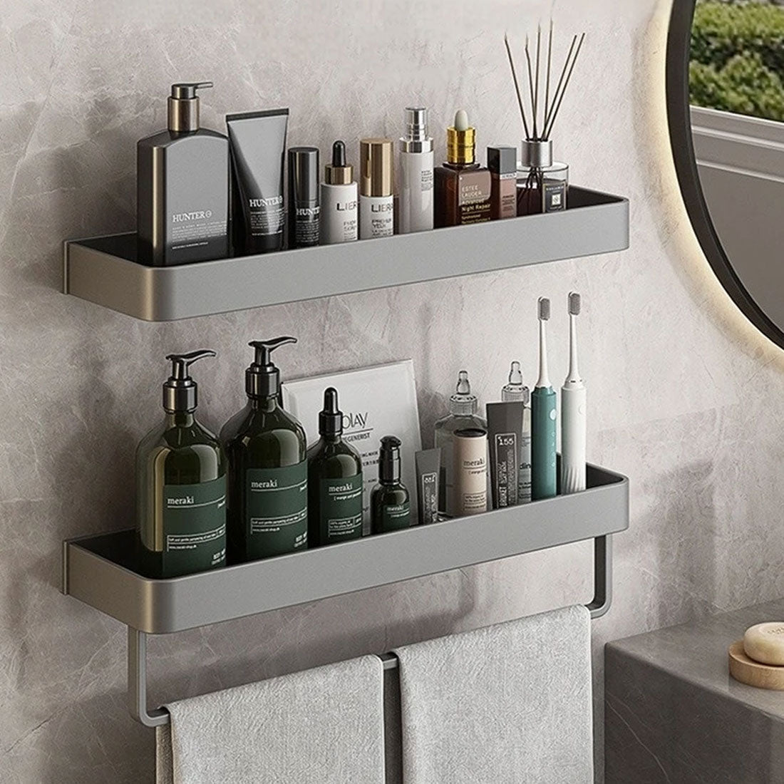 Metal Bathroom Organizer Shelf Gray 12-Inch Shower Caddy Wall-Mount Storage Rack for Shampoo Toiletries & Towels Space-Saving Modern Design
