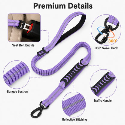 Ortekor Reflective Dog Car Seat Belt Leash for Backseat Travel & Daily Walks - Shock-Absorbing Bungee Tether to Help Reduce Pulling & Driver Distraction