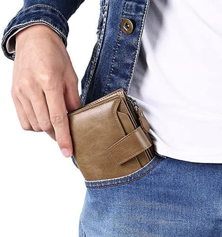 Mens Wallet, Womens Wallet with Zip Coin Pocket, Genuine Leather RFID Blocking Wallet with 14 Card Slots and ID Windows
