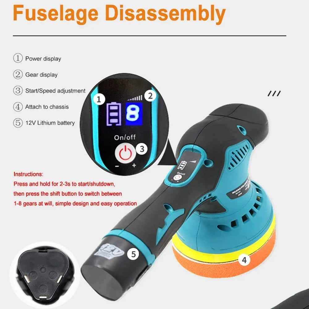 Cordless Dual-Action Auto Buffer with 8-Speed Control & Digital Display for Scratch Removal