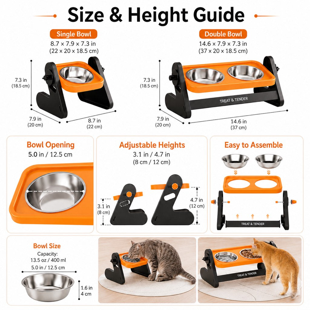 Ortekor Adjustable Elevated Stainless Steel Pet Bowls for Cats & Small Dogs - Tilted Feeding Station for Easier Mealtime & Less Floor Mess