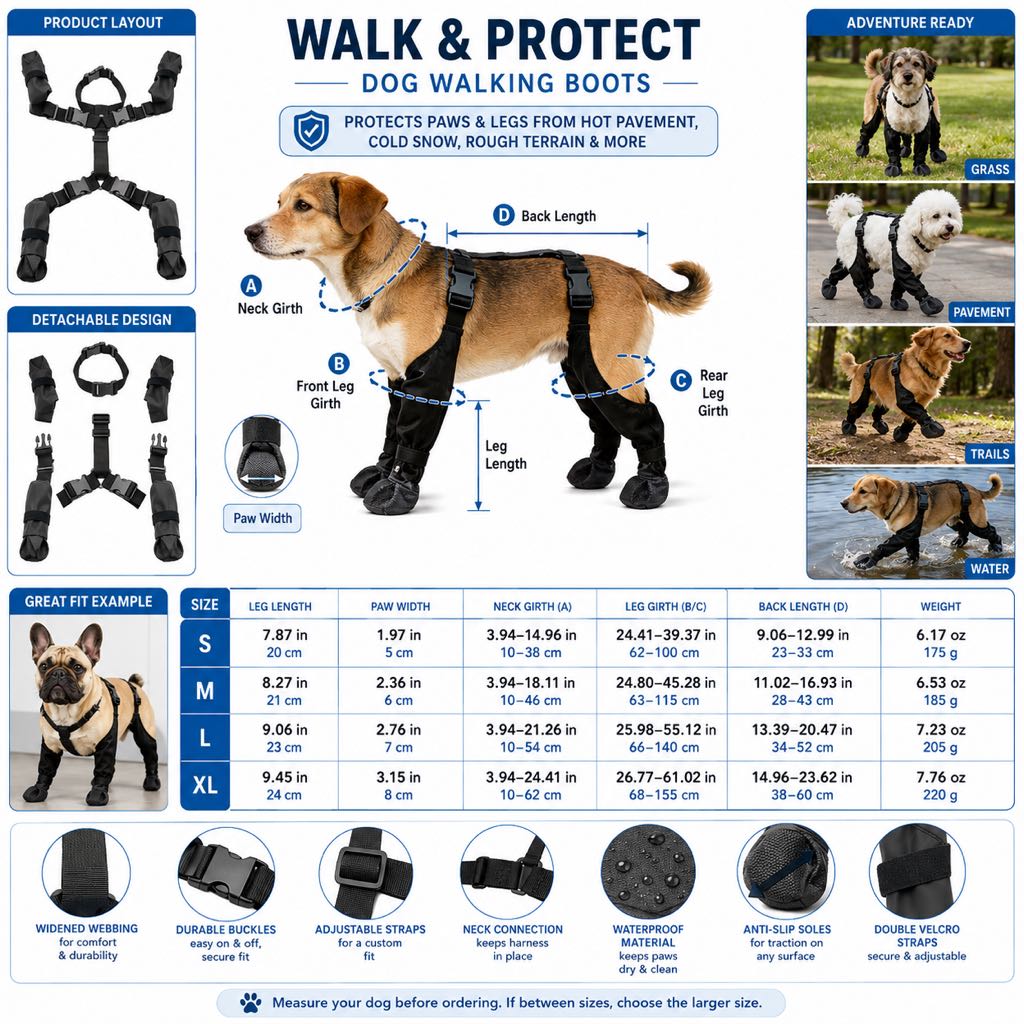 Ortekor Stay-On Waterproof Dog Walking Boots for Rain, Mud & Hot Pavement - Anti-Slip Paw Protection Suit