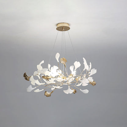 Ceramic Leaf Cluster Pendant Light with Adjustable Cord – Gold Metal Frame Multi-Bulb Chandelier for Dining Room, Living Room & Bedroom