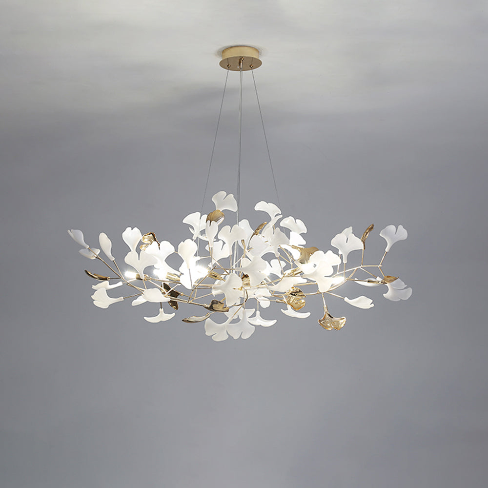 Ceramic Leaf Cluster Pendant Light with Adjustable Cord – Gold Metal Frame Multi-Bulb Chandelier for Dining Room, Living Room & Bedroom