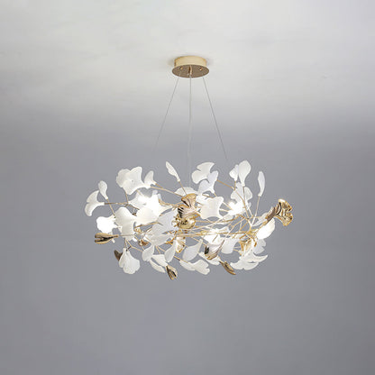 Ceramic Leaf Cluster Pendant Light with Adjustable Cord – Gold Metal Frame Multi-Bulb Chandelier for Dining Room, Living Room & Bedroom