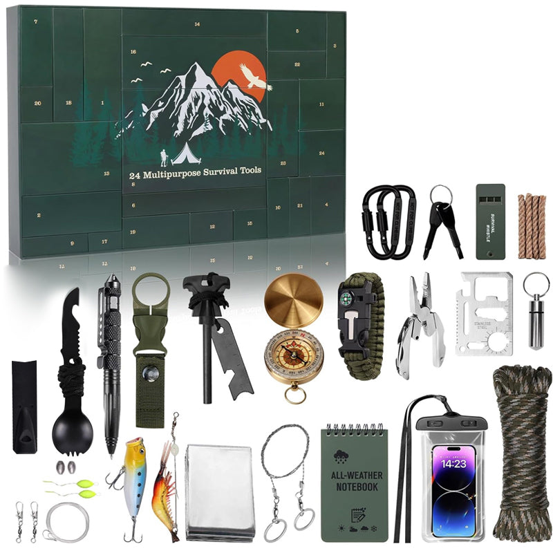 Outdoor Survival Gear Advent Calendar for Men – 24 Days of Adventure Tools for Camping Hiking Wilderness Exploration