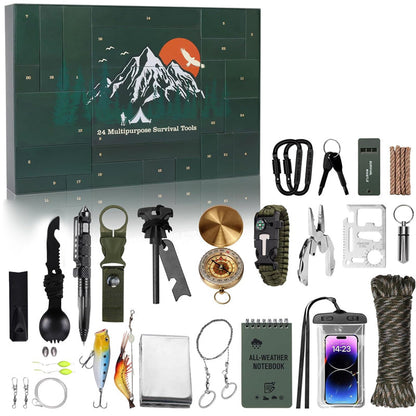 Outdoor Survival Gear Advent Calendar for Men – 24 Days of Adventure Tools for Camping Hiking Wilderness Exploration
