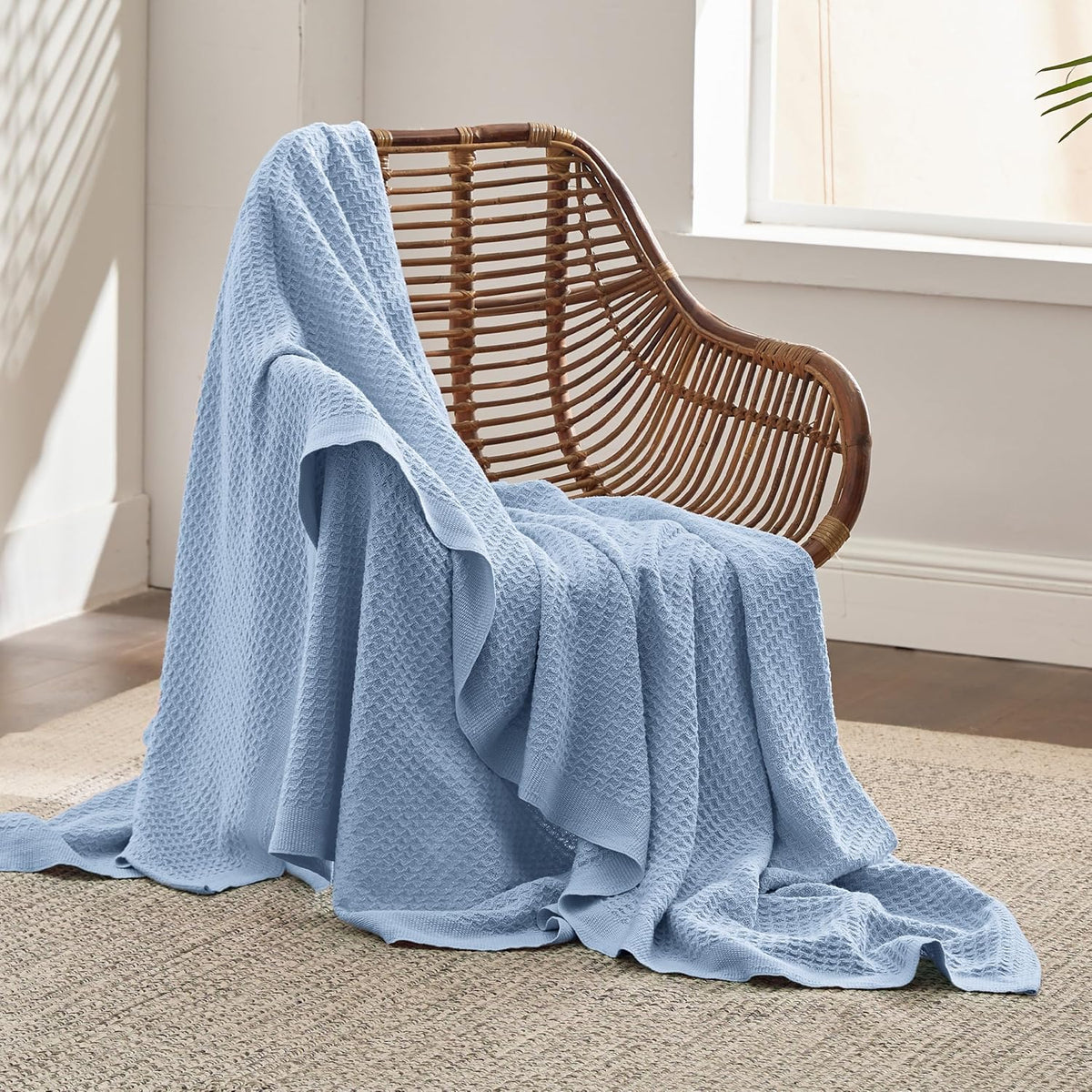 Cotton Throw Blanket for Bed, Waffle Weave Queen Size Blanket for All Seasons, Soft Breathable Cotton Blanket for Couch
