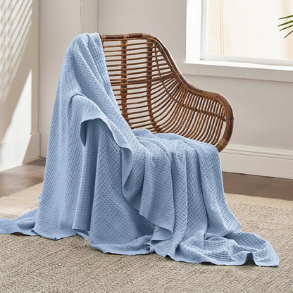 Cotton Throw Blanket for Bed, Waffle Weave Queen Size Blanket for All Seasons, Soft Breathable Cotton Blanket for Couch