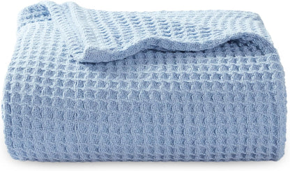 Cotton Throw Blanket for Bed, Waffle Weave Queen Size Blanket for All Seasons, Soft Breathable Cotton Blanket for Couch