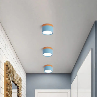 Compact Round Ceiling Light Fixture with Metal & Wood Finish for Kitchen Hallway Bedroom Kids Room | Modern Low-Profile LED Flush Mount