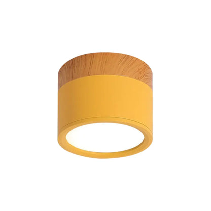 Compact Round Ceiling Light Fixture with Metal & Wood Finish for Kitchen Hallway Bedroom Kids Room | Modern Low-Profile LED Flush Mount