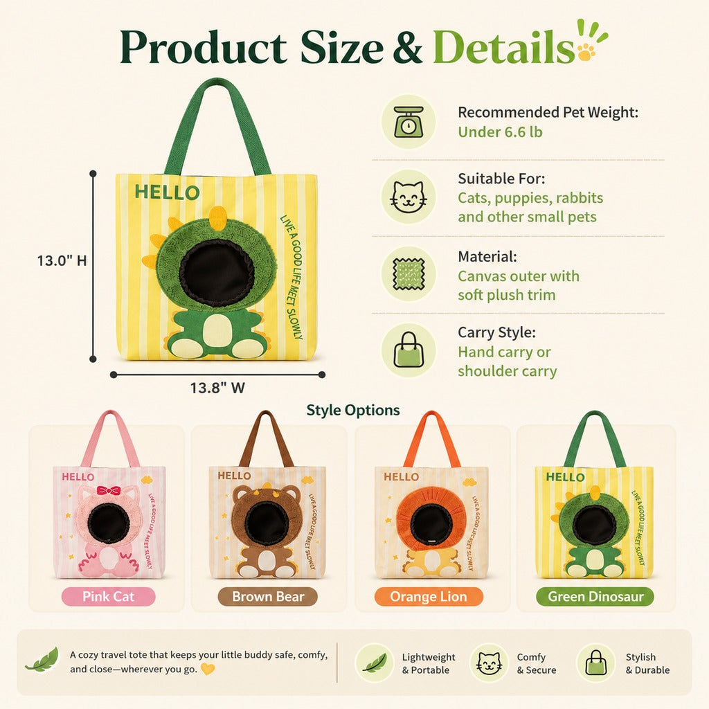 Ortekor Portable Small Pet Travel Tote Bag for Daily Outings - Lightweight Peek-Out Carrier for Cats & Puppies Under 6.6 lb