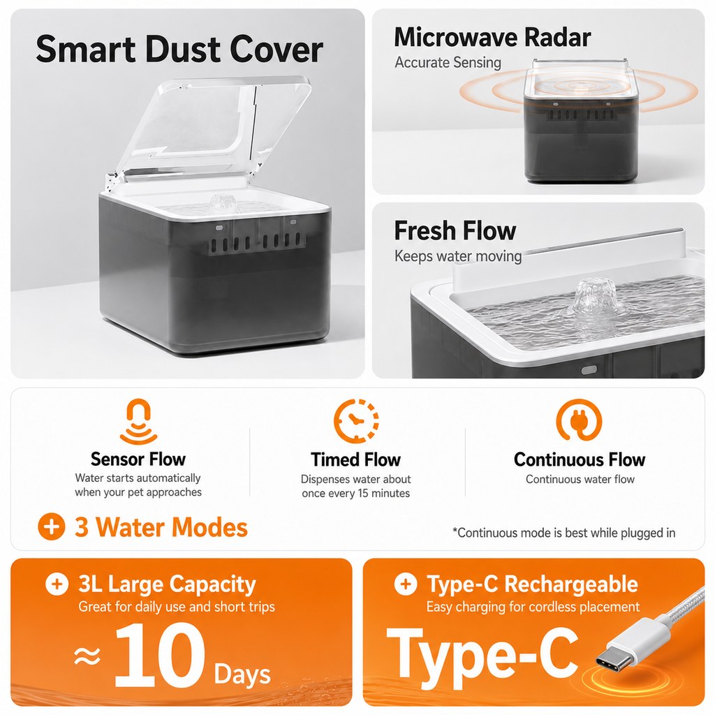 Ortekor Smart Auto-Lid Cat Water Fountain for Busy Cat Parents - 3L Cordless Pet Water Dispenser with Dust Cover, Motion Sensor & Type-C Charging
