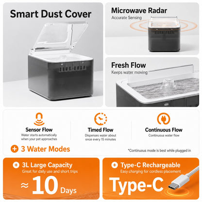 Ortekor Smart Auto-Lid Cat Water Fountain for Busy Cat Parents - 3L Cordless Pet Water Dispenser with Dust Cover, Motion Sensor & Type-C Charging