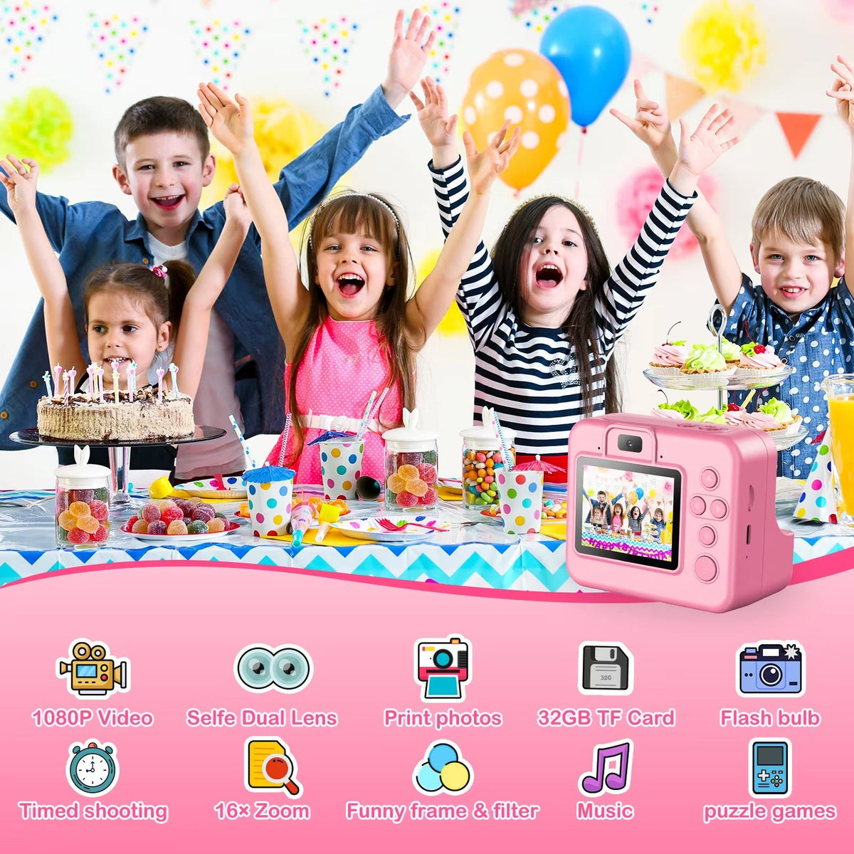 Kids Digital Camera with Instant Print – 1080P HD Photo & Video Recorder, 16x Zoom, Built-In Games, 32GB Memory & Coloring Pens for Ages