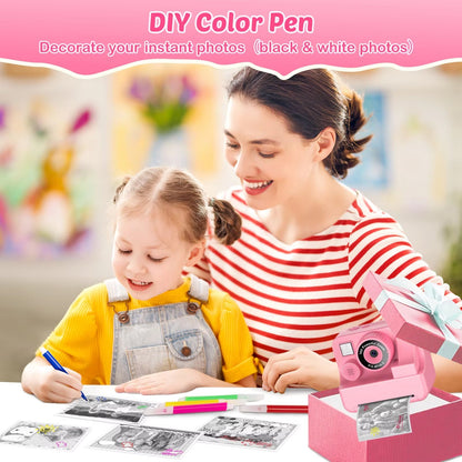 Kids Digital Camera with Instant Print – 1080P HD Photo & Video Recorder, 16x Zoom, Built-In Games, 32GB Memory & Coloring Pens for Ages