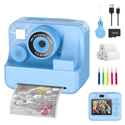 Kids Digital Camera with Instant Print – 1080P HD Photo & Video Recorder, 16x Zoom, Built-In Games, 32GB Memory & Coloring Pens for Ages