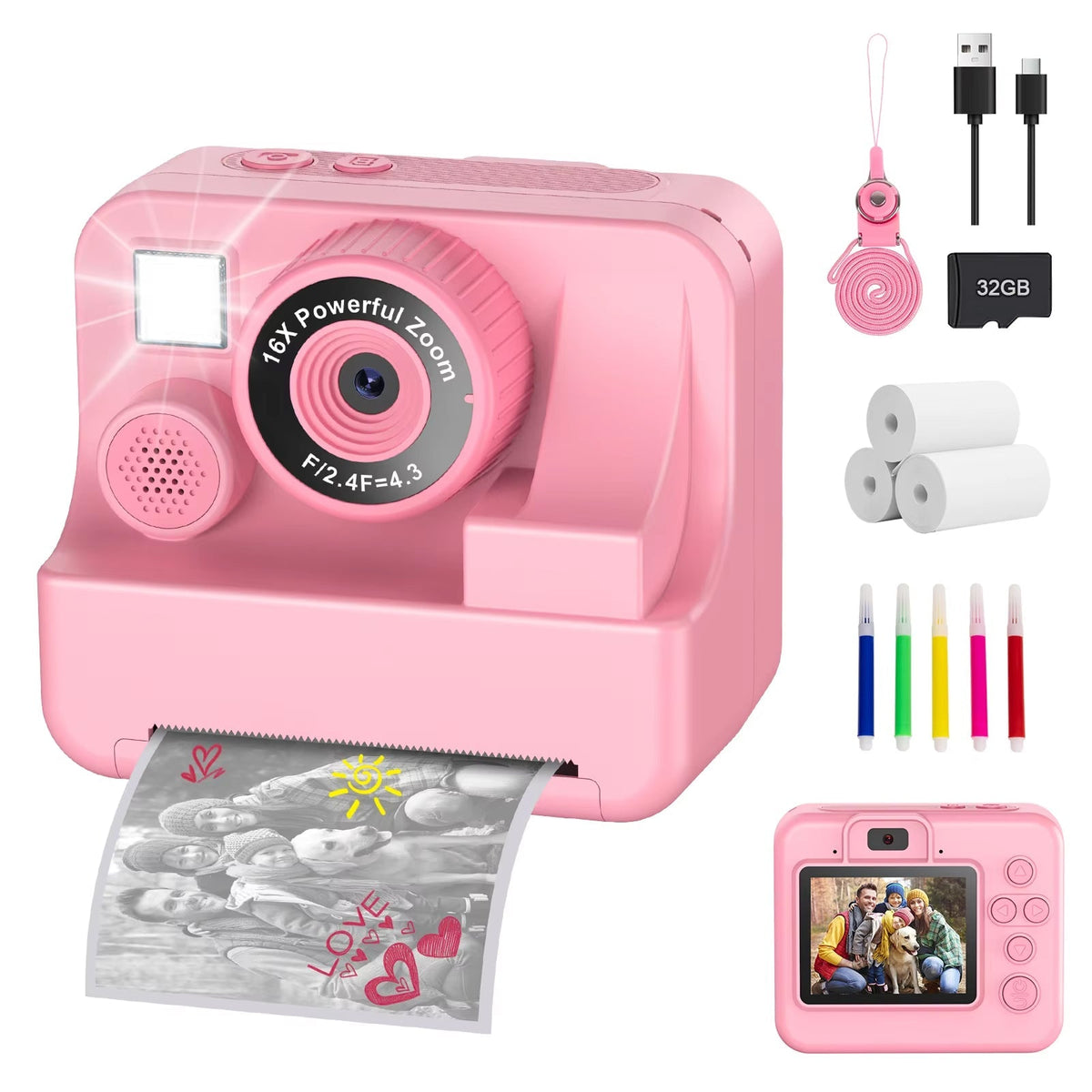 Kids Digital Camera with Instant Print – 1080P HD Photo & Video Recorder, 16x Zoom, Built-In Games, 32GB Memory & Coloring Pens for Ages