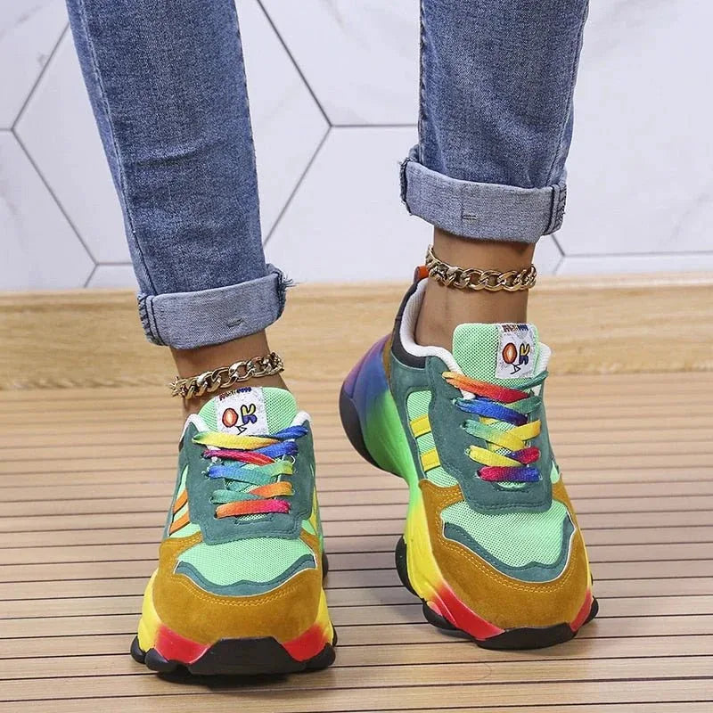 Women's Platform Walking Shoes with Arch Support – Vibrant Multicolor Lace-Up Sneakers for All-Day Comfort