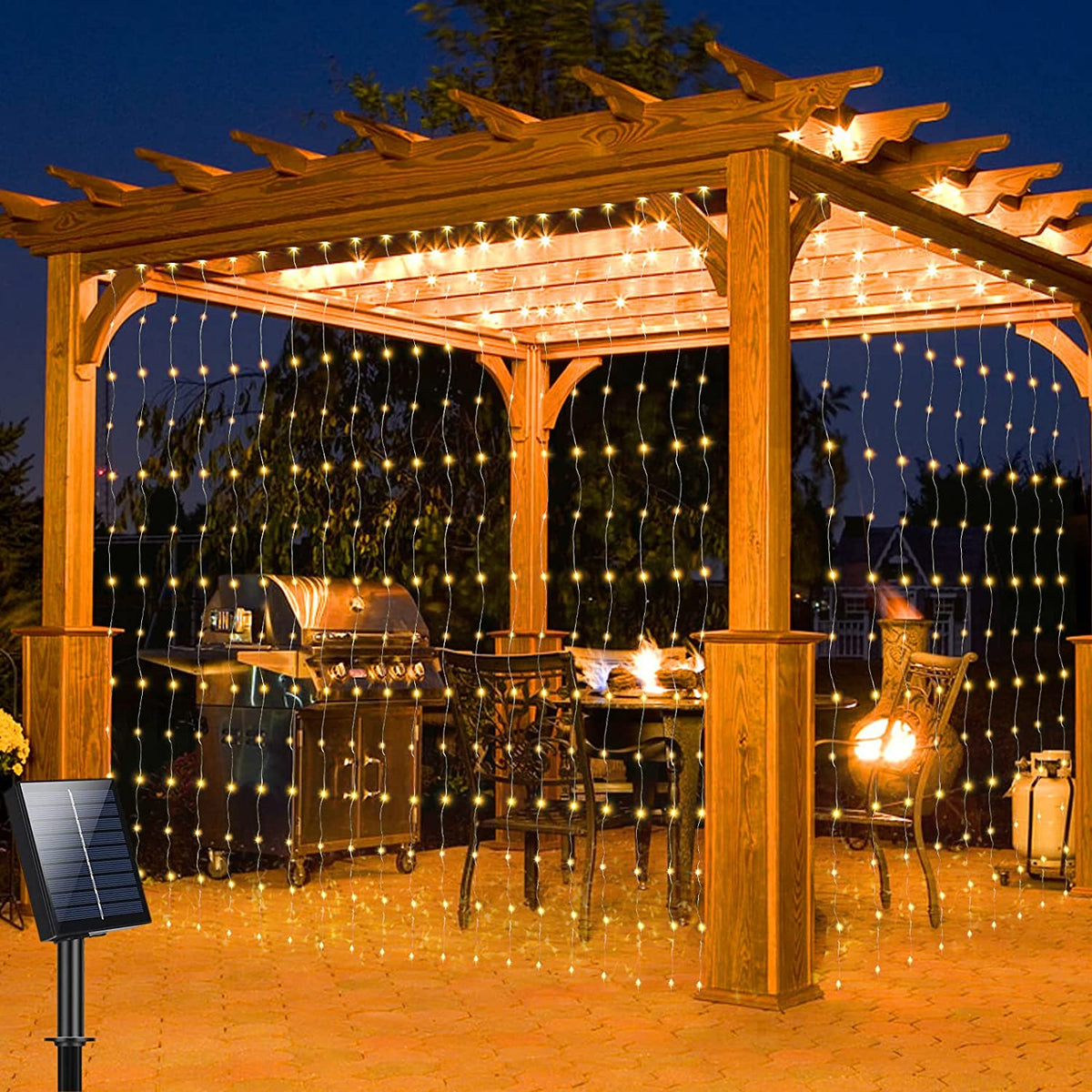 Solar-Powered LED Curtain Light 300 Bulb Waterproof Outdoor String for Patio Backyard Pergola Fence Wedding Party Decor Cascading Warm Glow