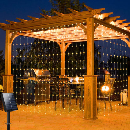 Solar-Powered LED Curtain Light 300 Bulb Waterproof Outdoor String for Patio Backyard Pergola Fence Wedding Party Decor Cascading Warm Glow