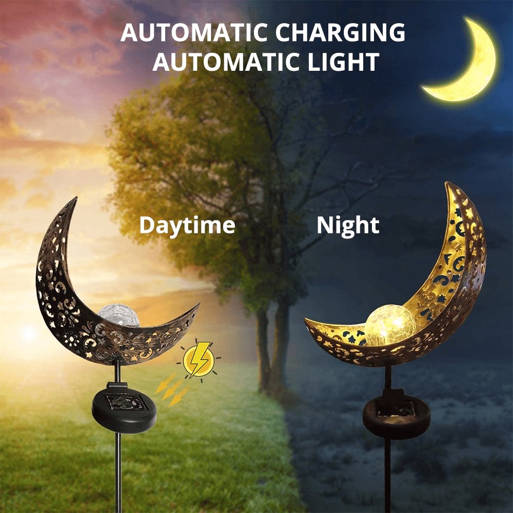 Solar Crescent Stake Light Weatherproof Steel Garden Path Illuminator Dusk-to-Dawn Sensor Lawn Landscape Accent