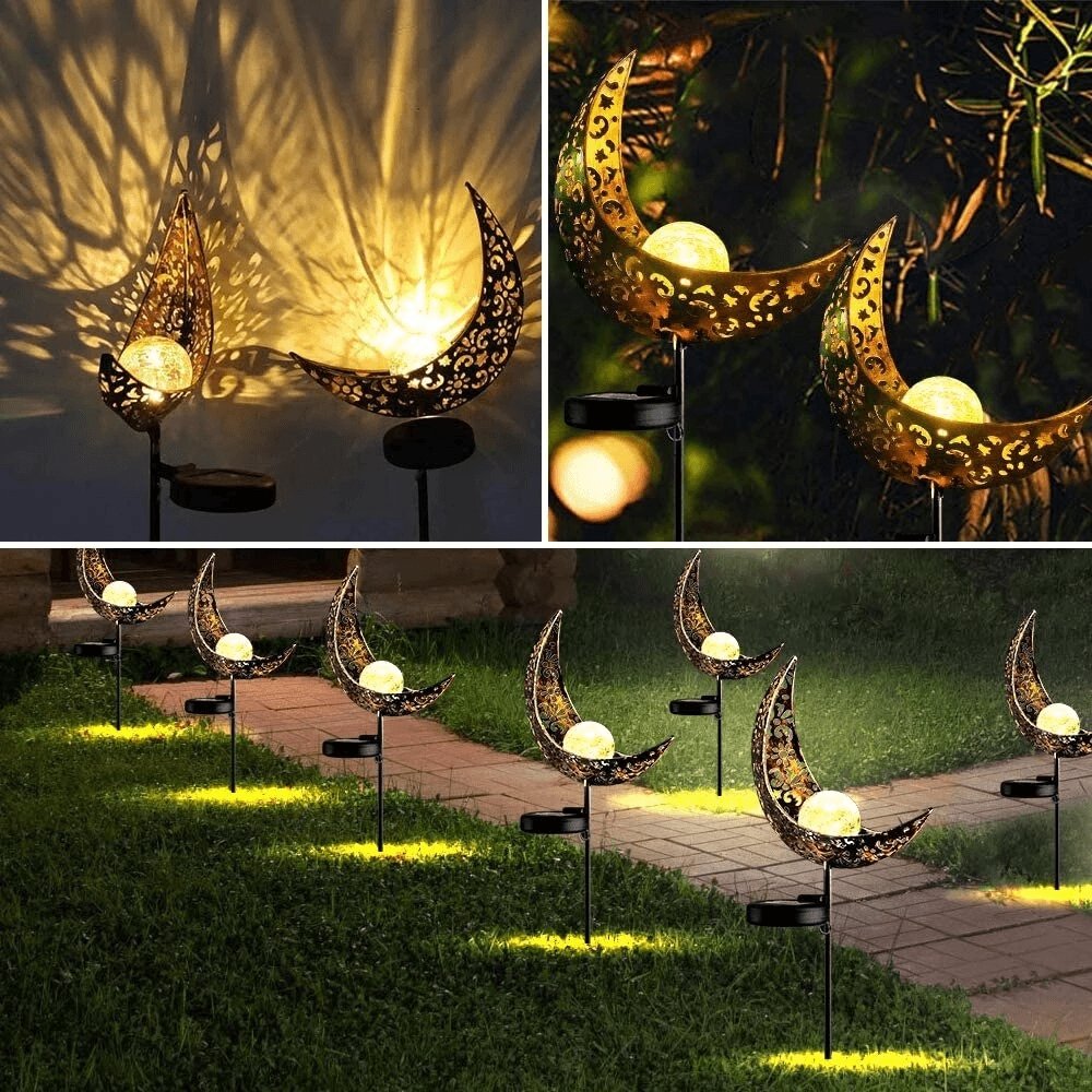 Solar Crescent Stake Light Weatherproof Steel Garden Path Illuminator Dusk-to-Dawn Sensor Lawn Landscape Accent