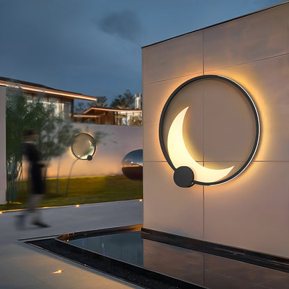Crescent Moon LED Outdoor Sconce Black Stainless Steel Waterproof 14 in Round for Patio Entrance Garden Wall Solar Hardwired