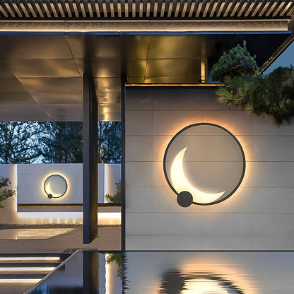 Crescent Moon LED Outdoor Sconce Black Stainless Steel Waterproof 14 in Round for Patio Entrance Garden Wall Solar Hardwired