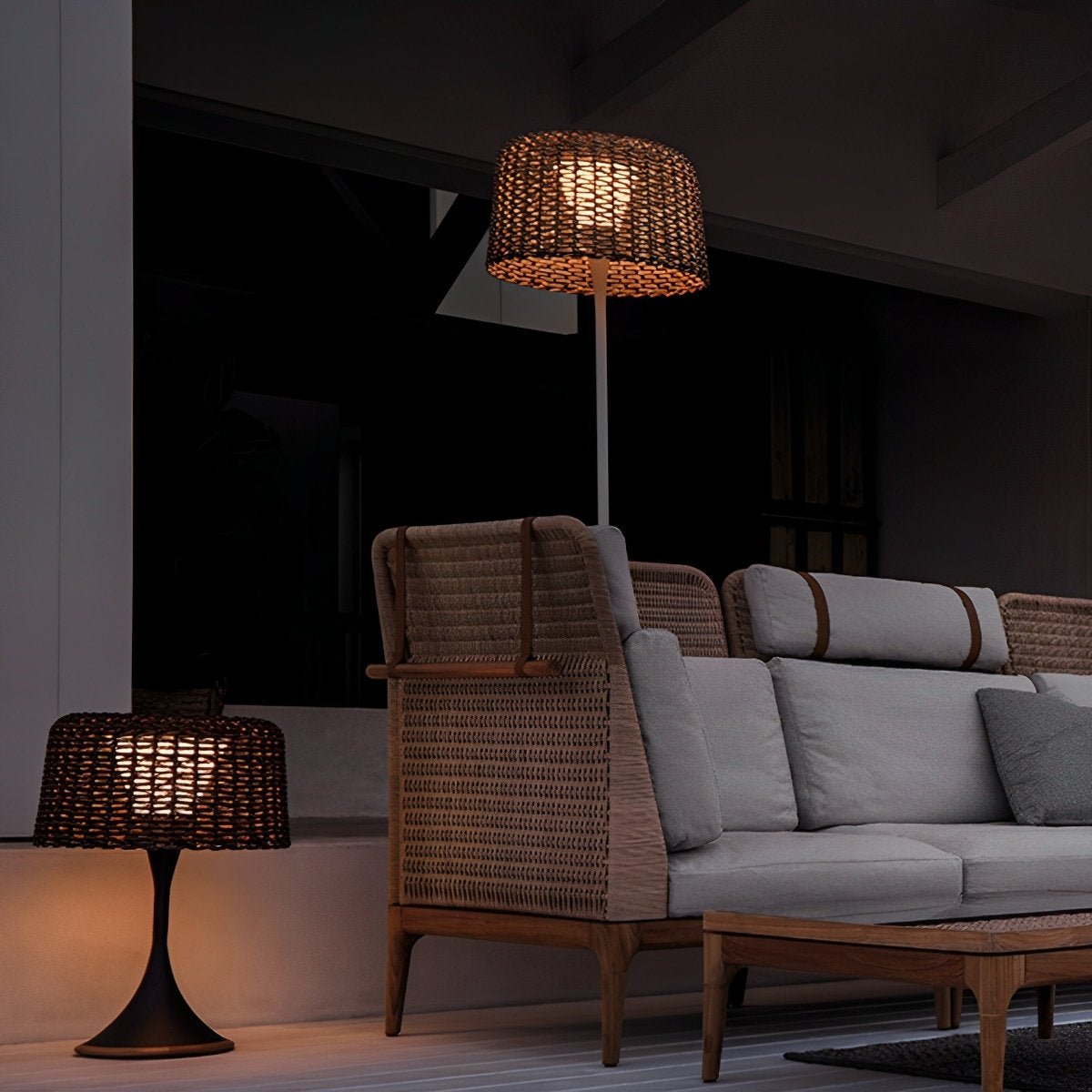Woven Standing Patio Light 69 in Tall Weatherproof Warm White LED Solar or Plug-in Outdoor Garden Torch for Deck Poolside Terrace
