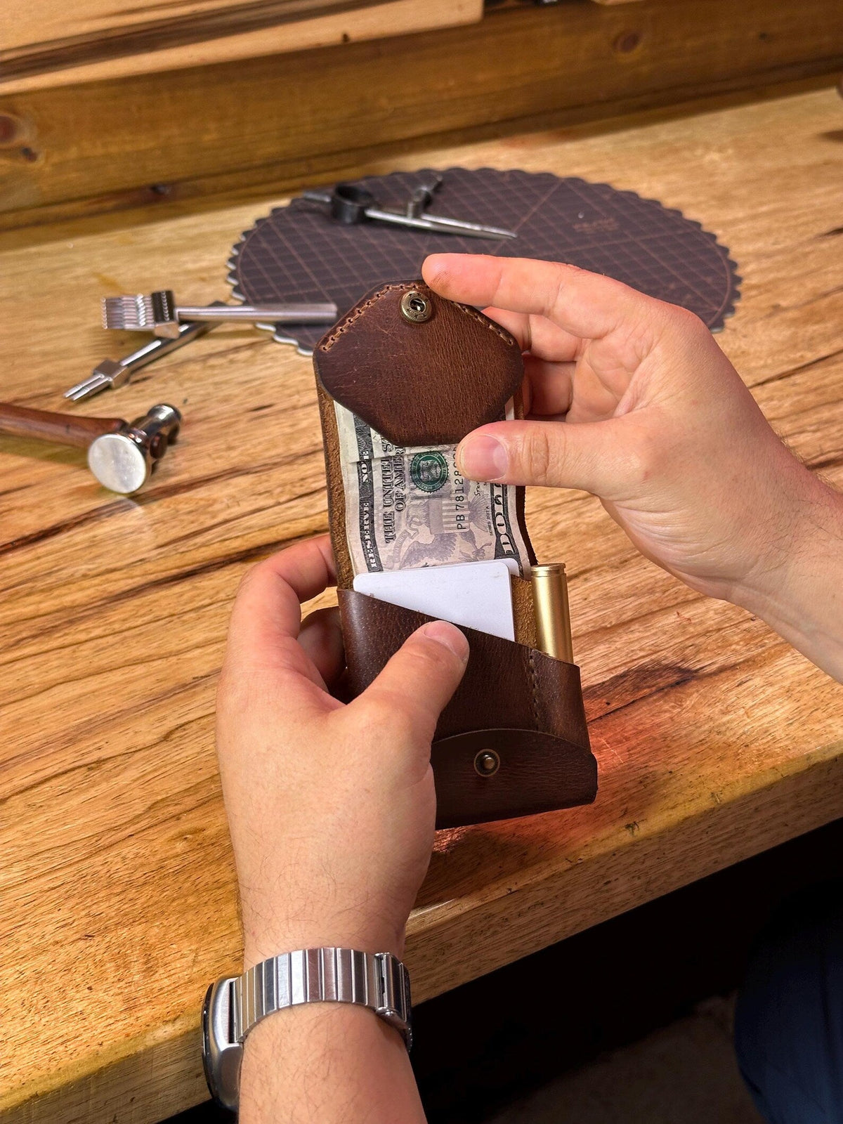 Bifold Card Wallet in Genuine Top-Grain Cowhide with Integrated Pen Holder for EDC Organization