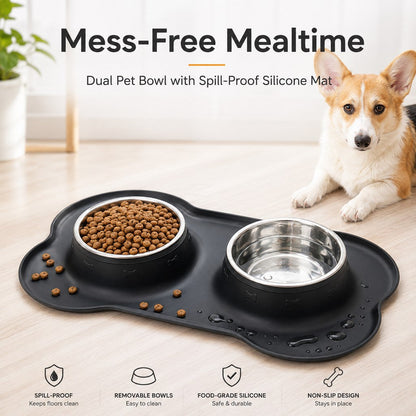 Ortekor Spill-Proof Dual Pet Bowl for Cats & Dogs - Mess-Free Food & Water Station for Cleaner Floors