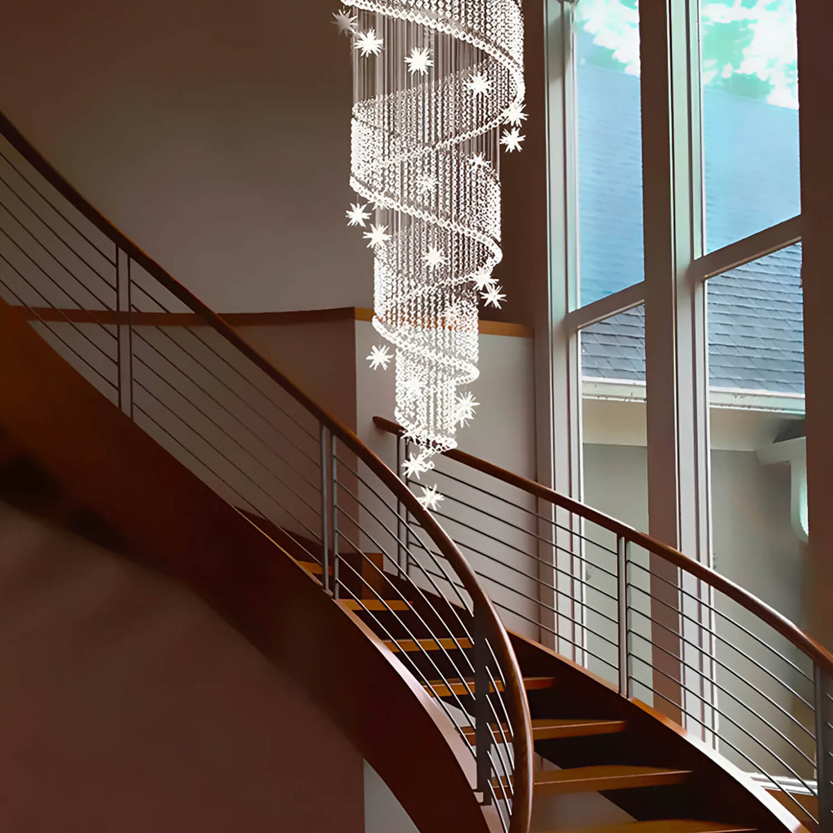 Cascading Crystal Chandelier for Staircase Chrome Finish Modern Raindrop Fixture Foyer Entryway Double-Height Ceiling GU10 LED Compatible