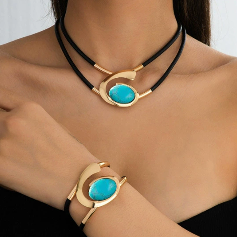 Boho Jewelry Set with Necklace Bracelet and Earrings Layered Geometric Design Faux Leather Cord Adjustable Metal Accents for Women Girls Fes