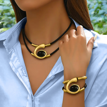 Boho Jewelry Set with Necklace Bracelet and Earrings Layered Geometric Design Faux Leather Cord Adjustable Metal Accents for Women Girls Fes